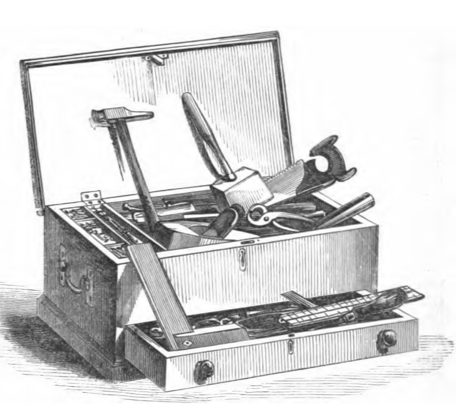 A black and white illustration of a tool chest full of various tools